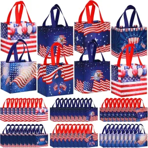 Ctosree 48 Pcs Patriotic Gift Bags Bulk 4th of July Memorial Independence Day Celebration-red White Blue Non Woven Tote with Handle