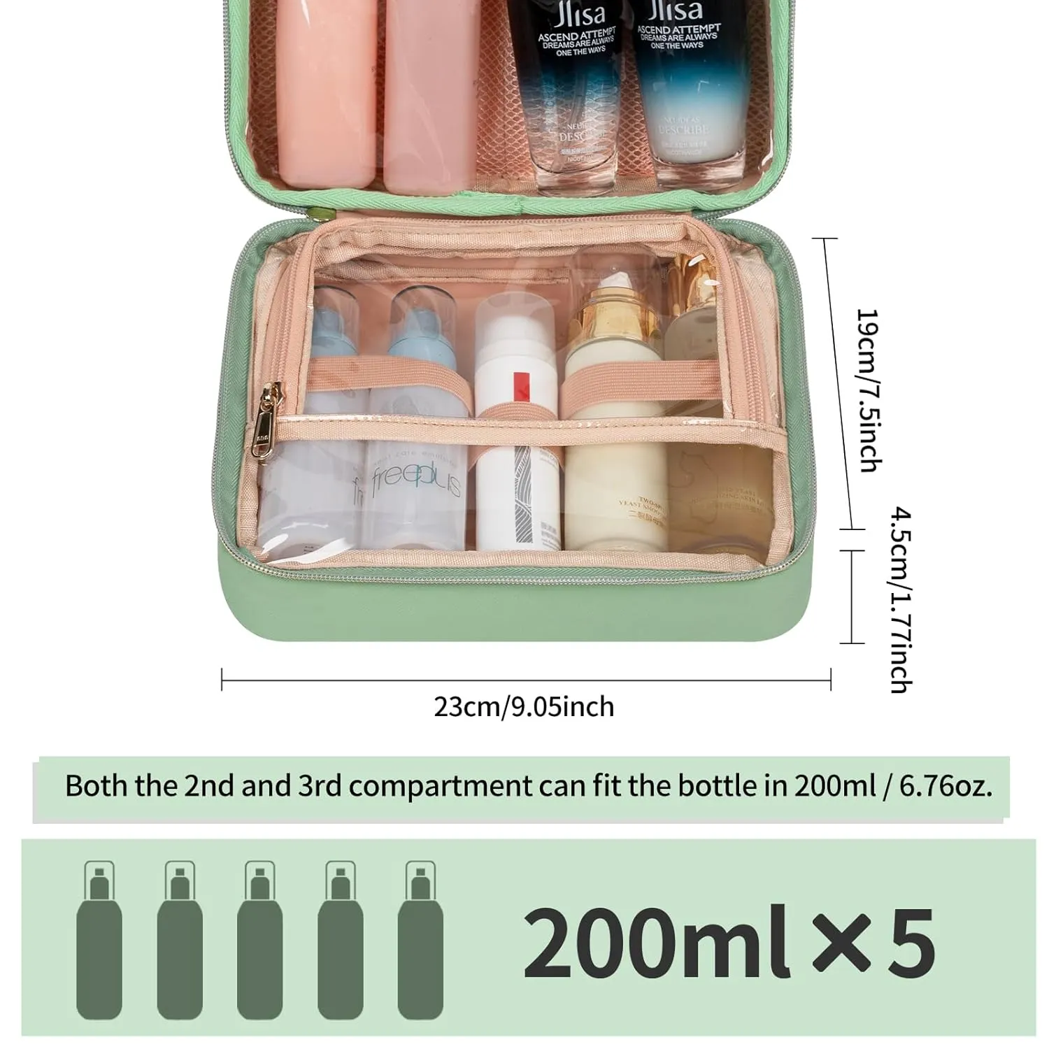 CUBETASTIC Hanging Travel Toiletry Bag, Portable Green Makeup Bag with Handle, 3 Compartment Small Travel Bag for Toiletries Waterproof Leather Cosmetic Organizer Pouch with 360° Hook