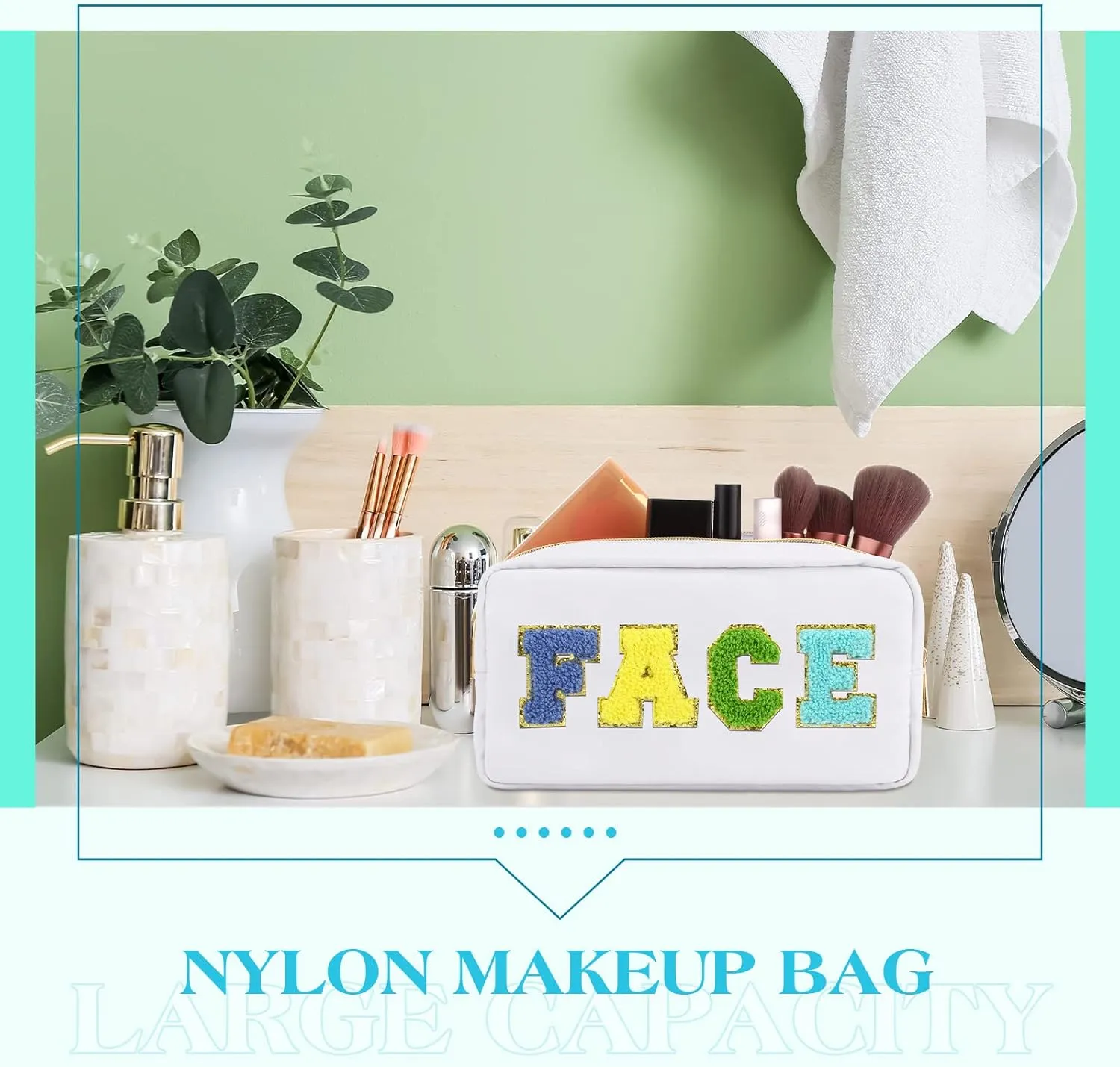 Cunno 4 Pcs Preppy Makeup Bags Chenille Letter Stuff Bag Nylon Cosmetic Pouch Cases with Zipper for Women Travel Toiletry