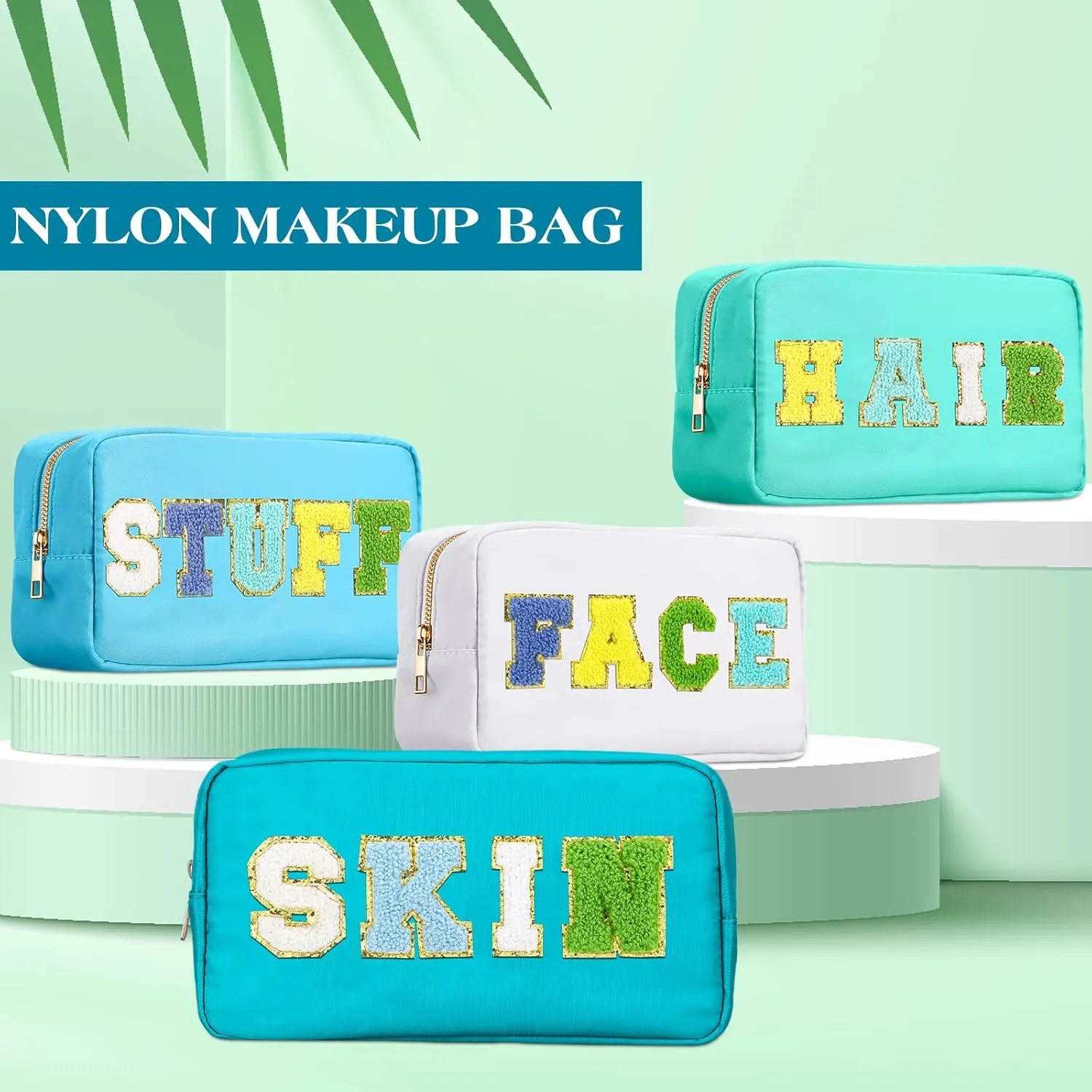 Cunno 4 Pcs Preppy Makeup Bags Chenille Letter Stuff Bag Nylon Cosmetic Pouch Cases with Zipper for Women Travel Toiletry