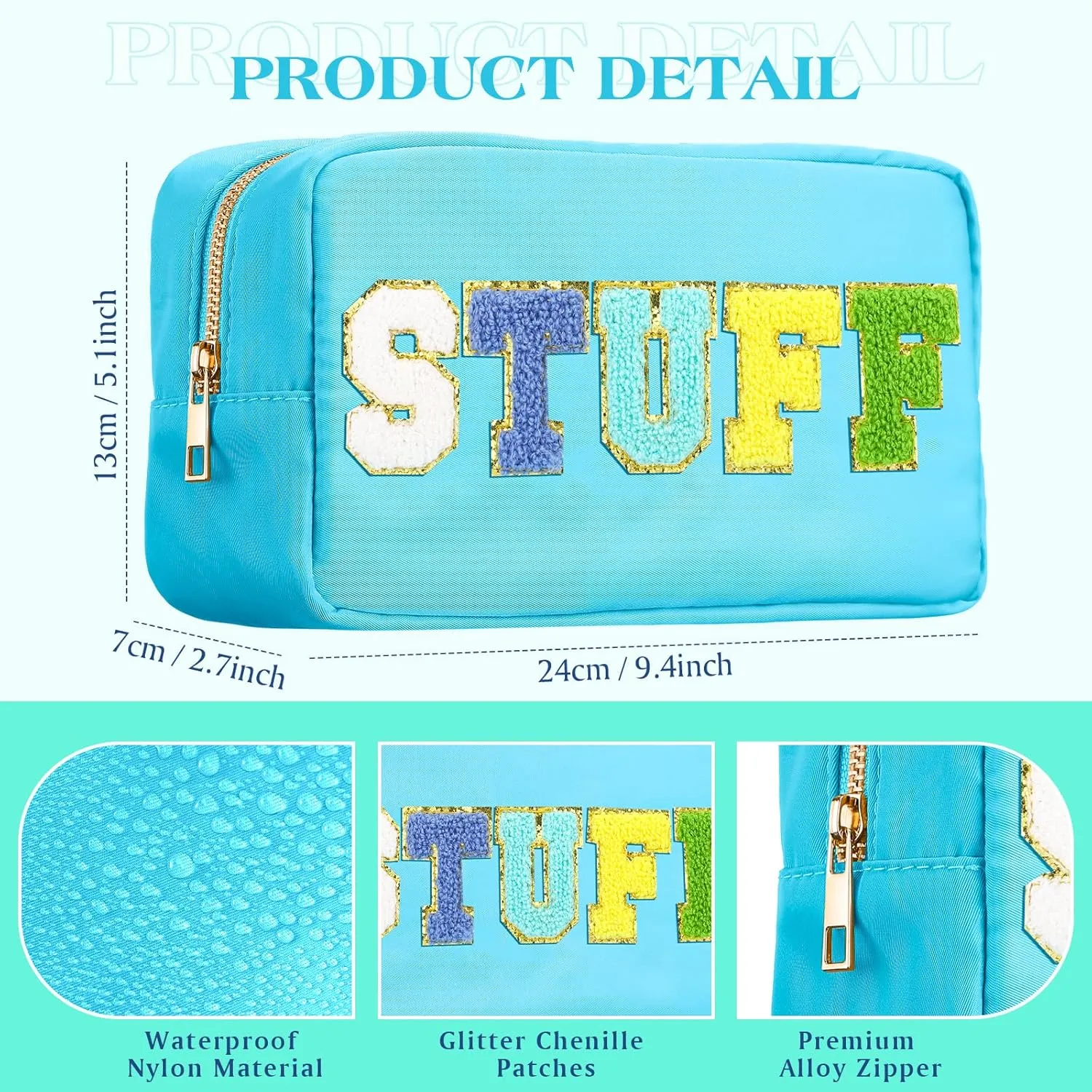 Cunno 4 Pcs Preppy Makeup Bags Chenille Letter Stuff Bag Nylon Cosmetic Pouch Cases with Zipper for Women Travel Toiletry