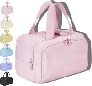 Cureaway Travel Cosmetic Bag, Large Capacity Wide-Open Travel Cosmetic Bag, Open Flat Makeup Bag with 4 Compartments for Toiletries, Cosmetic, Unisex (Pink)