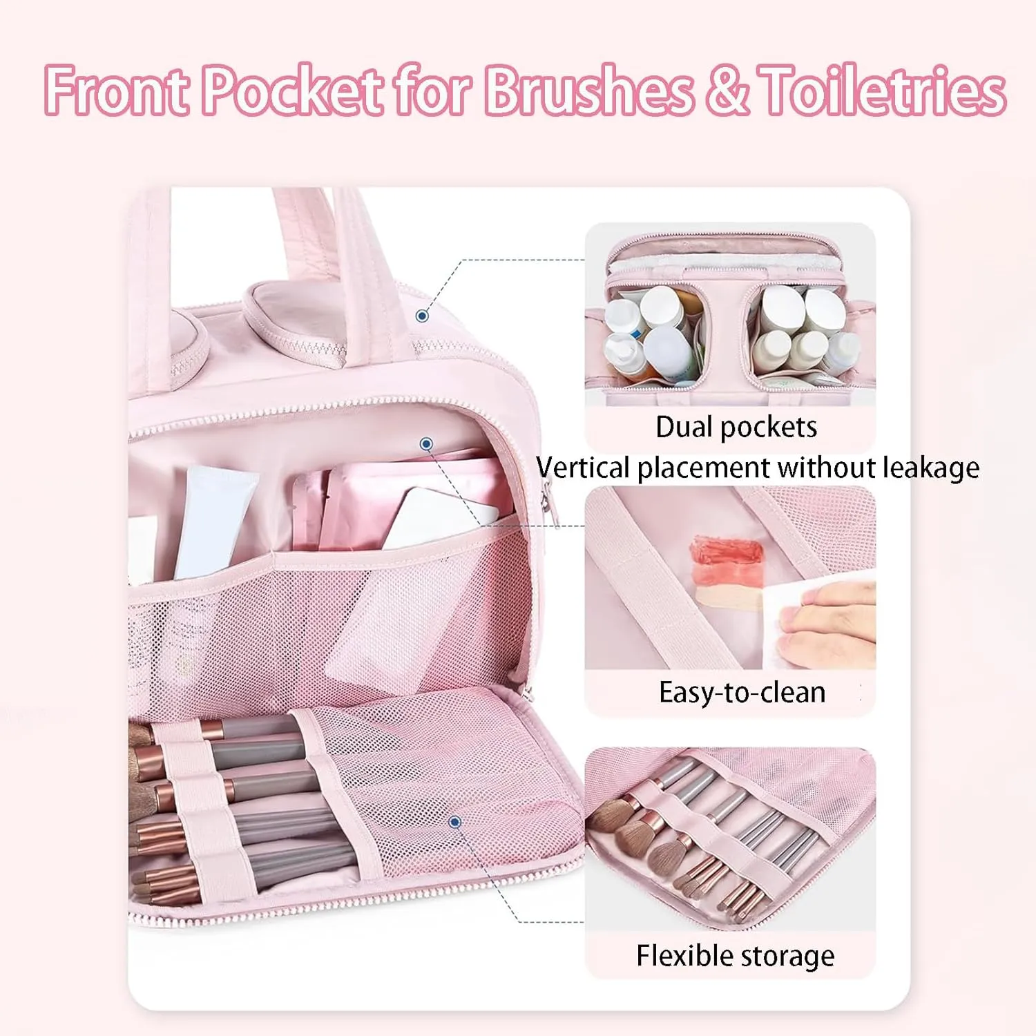 Cureaway Travel Cosmetic Bag, Large Capacity Wide-Open Travel Cosmetic Bag, Open Flat Makeup Bag with 4 Compartments for Toiletries, Cosmetic, Unisex (Pink)