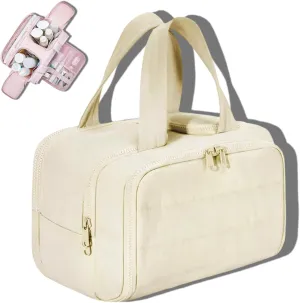 Curetoawayz Travel Cosmetic Bag, Large Capacity Wide-Open Travel Cosmetic Bag, With 4 Compartments, Waterproof/Portable/Wet and Dry Separation (Beige)