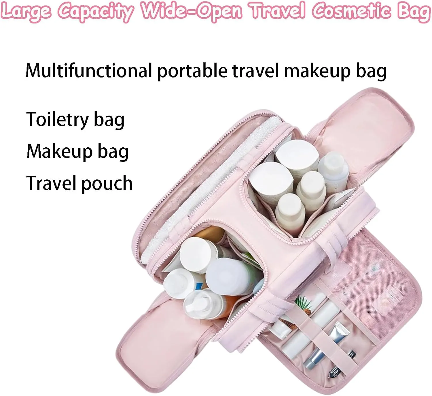 Curetoawayz Travel Cosmetic Bag, Large Capacity Wide-Open Travel Cosmetic Bag, With 4 Compartments, Waterproof/Portable/Wet and Dry Separation (Purple)