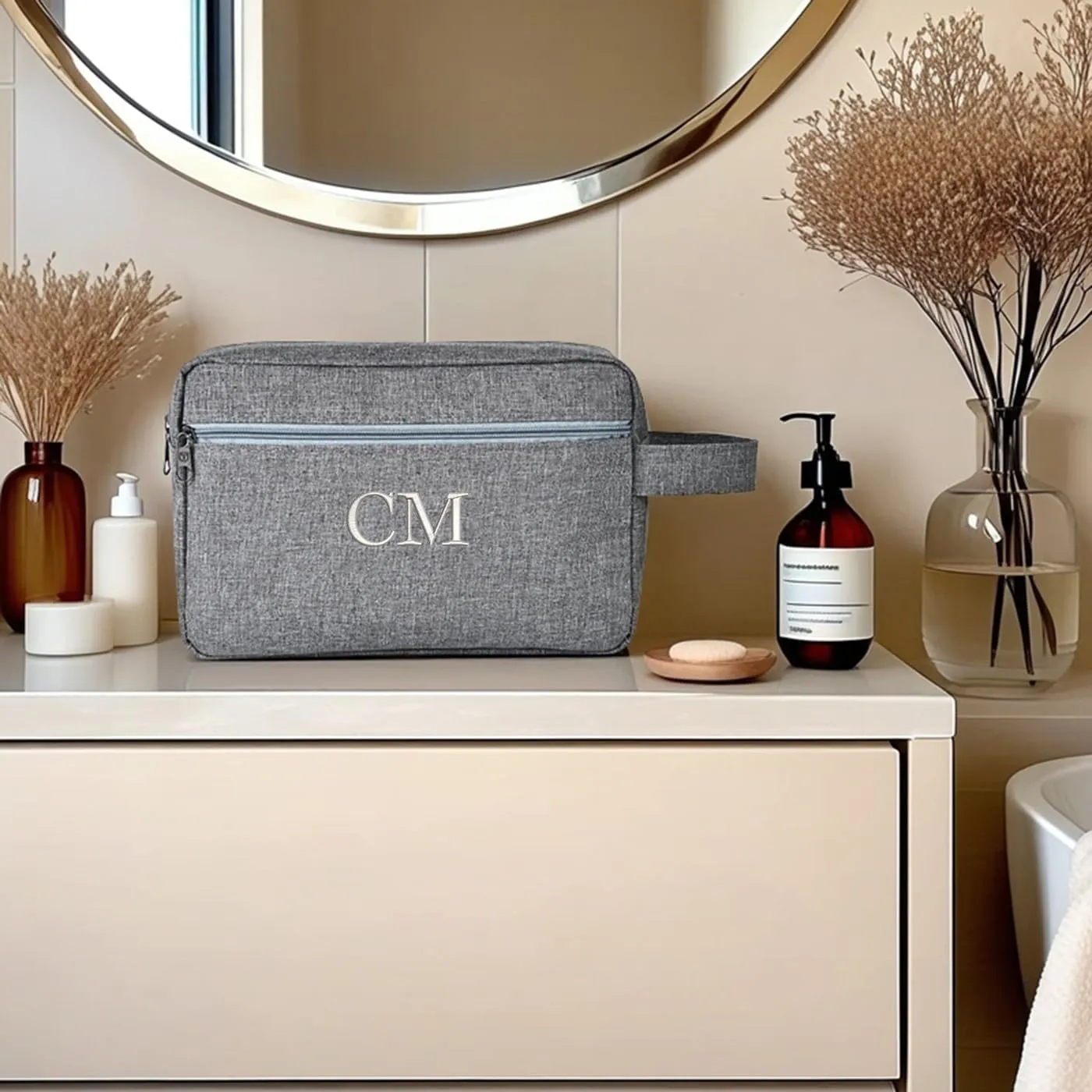 Custom Embroidered Minimalist Toiletry Bag for Men & Women - Lightweight Cationic Fabric Travel Organizer, Shaving Bag,Perfect for Groomsmen Gifts & Personalized Use (1, Gray)