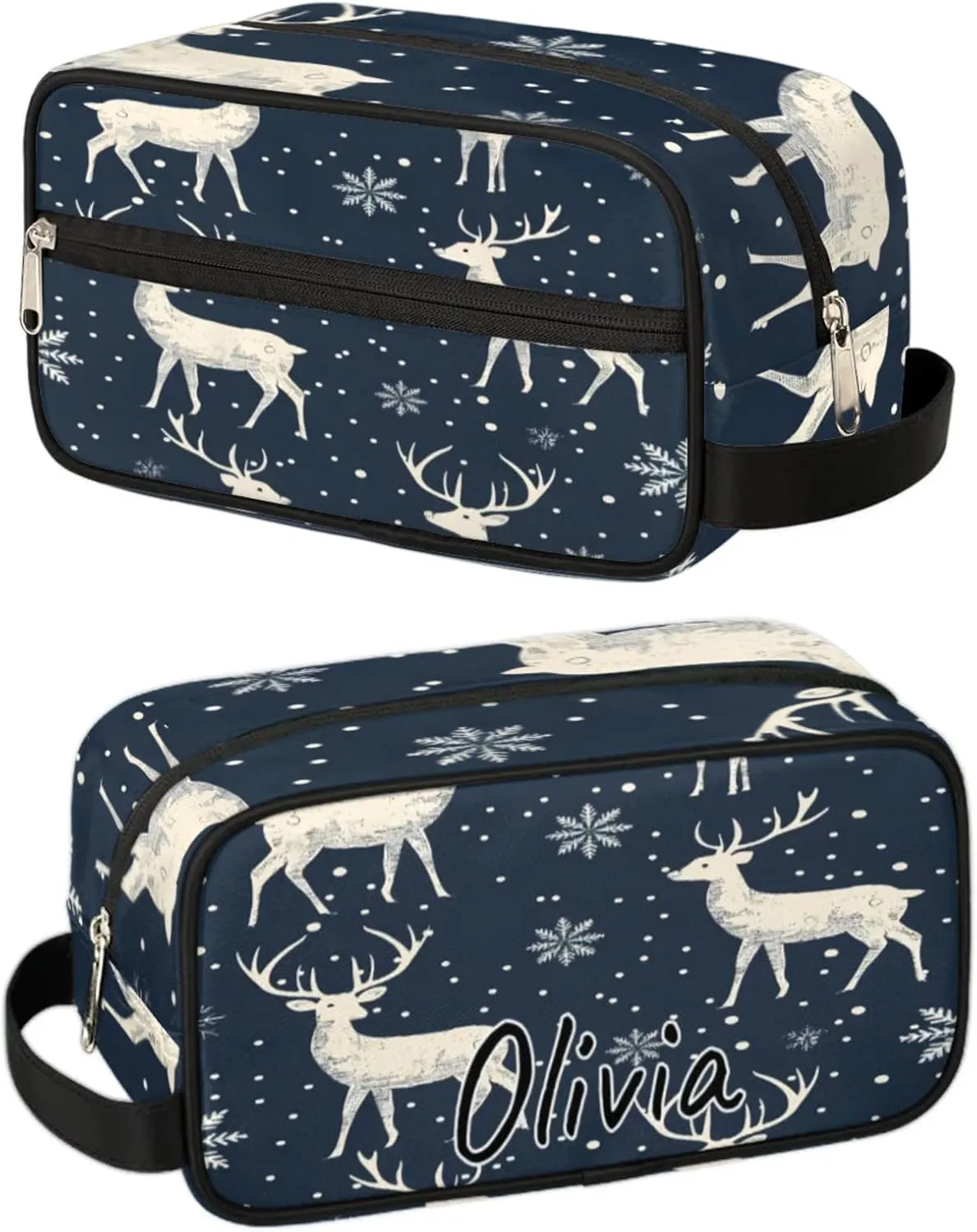 Custom Rustic Deer Makeup Bag with Name Personalized Waterproof Toiletry Bag Customized Misty Forest Cosmetic Bag for Women Men