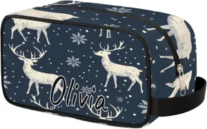 Custom Rustic Deer Makeup Bag with Name Personalized Waterproof Toiletry Bag Customized Misty Forest Cosmetic Bag for Women Men