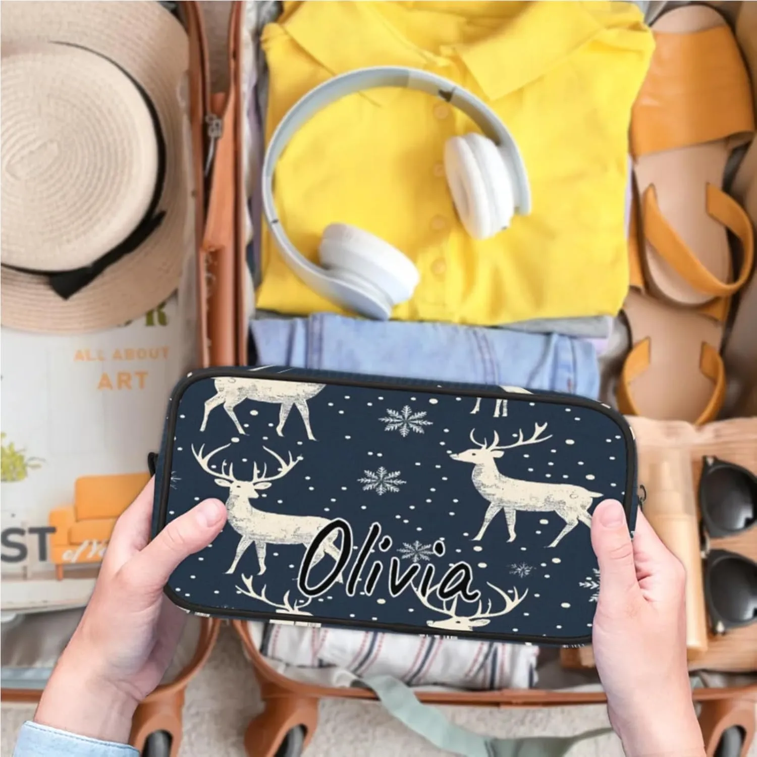 Custom Rustic Deer Makeup Bag with Name Personalized Waterproof Toiletry Bag Customized Misty Forest Cosmetic Bag for Women Men