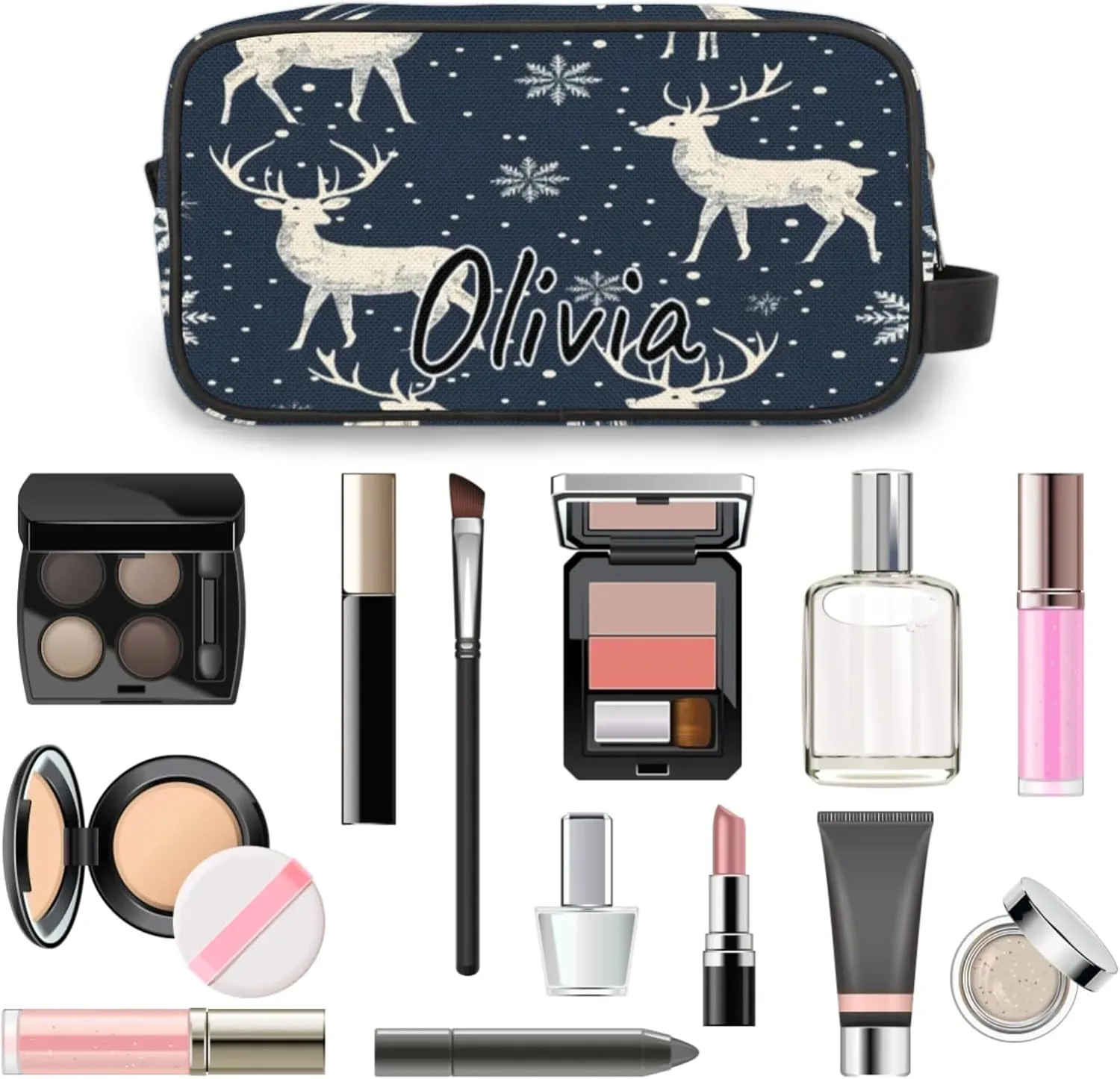 Custom Rustic Deer Makeup Bag with Name Personalized Waterproof Toiletry Bag Customized Misty Forest Cosmetic Bag for Women Men
