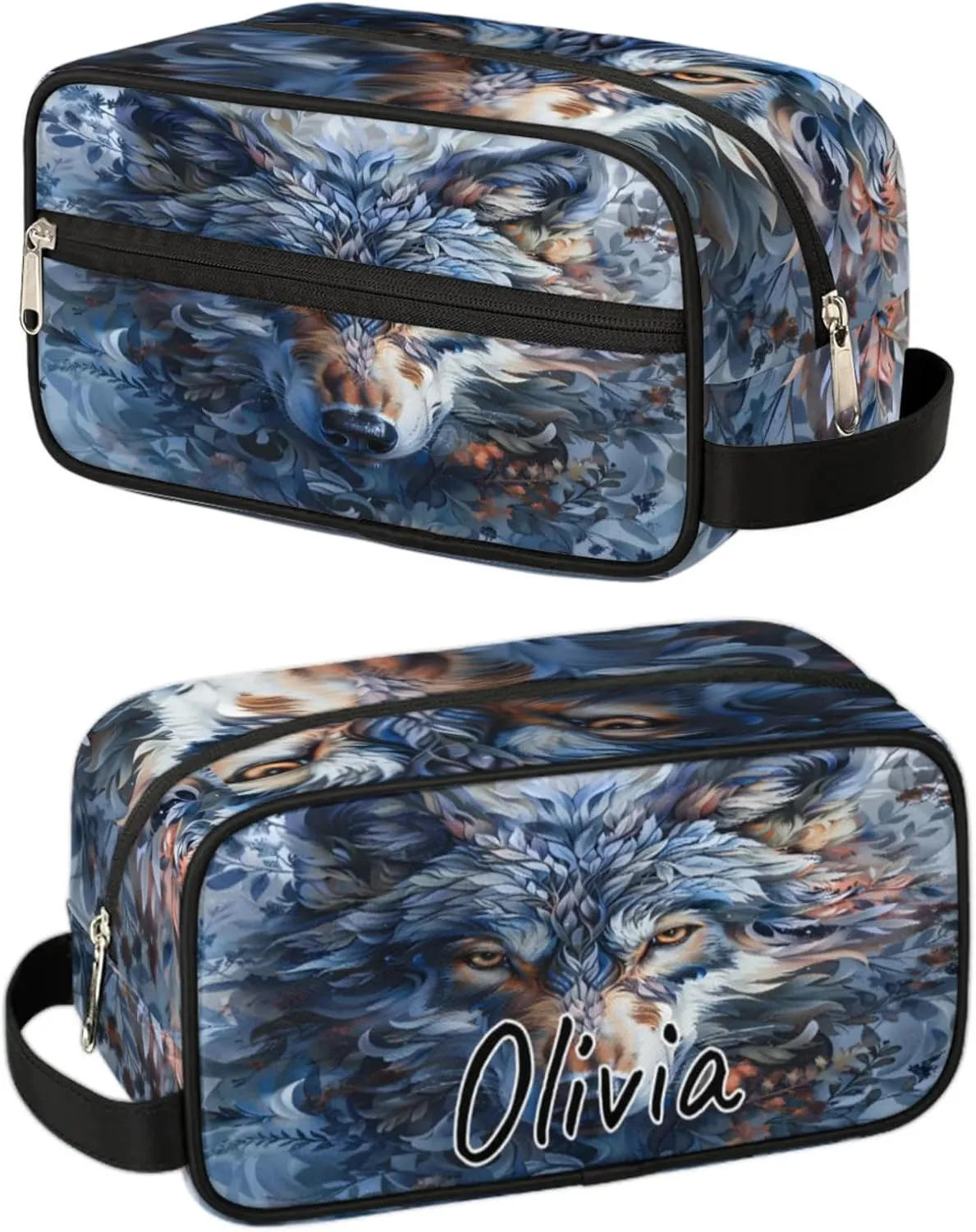 Custom Wolf Makeup Bag with Name Personalized Waterproof Toiletry Bag Customized Wildlife Animal Cosmetic Bag for Women Men