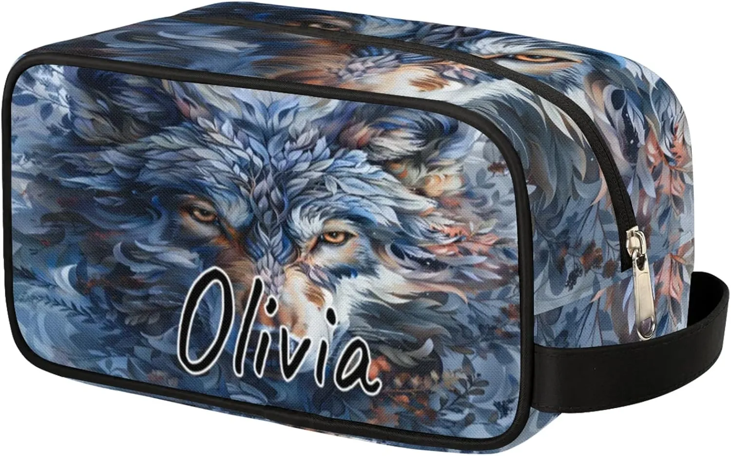 Custom Wolf Makeup Bag with Name Personalized Waterproof Toiletry Bag Customized Wildlife Animal Cosmetic Bag for Women Men