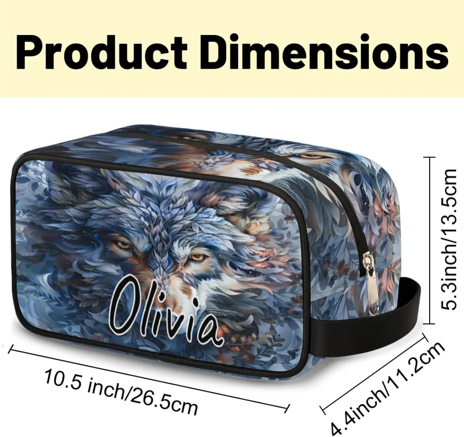 Custom Wolf Makeup Bag with Name Personalized Waterproof Toiletry Bag Customized Wildlife Animal Cosmetic Bag for Women Men