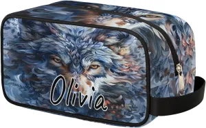 Custom Wolf Makeup Bag with Name Personalized Waterproof Toiletry Bag Customized Wildlife Animal Cosmetic Bag for Women Men