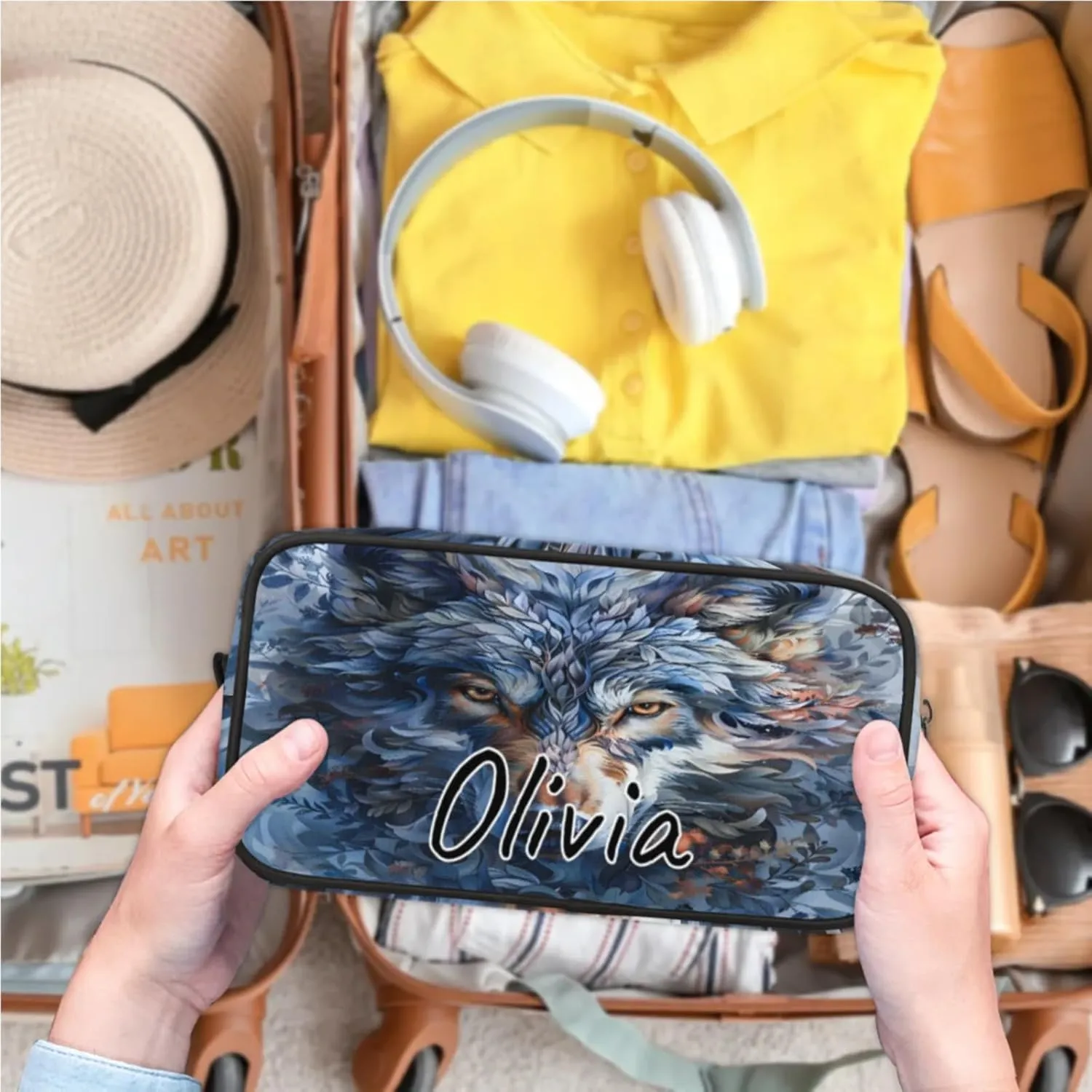 Custom Wolf Makeup Bag with Name Personalized Waterproof Toiletry Bag Customized Wildlife Animal Cosmetic Bag for Women Men