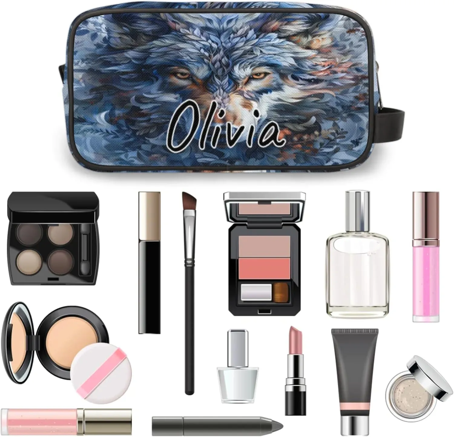 Custom Wolf Makeup Bag with Name Personalized Waterproof Toiletry Bag Customized Wildlife Animal Cosmetic Bag for Women Men
