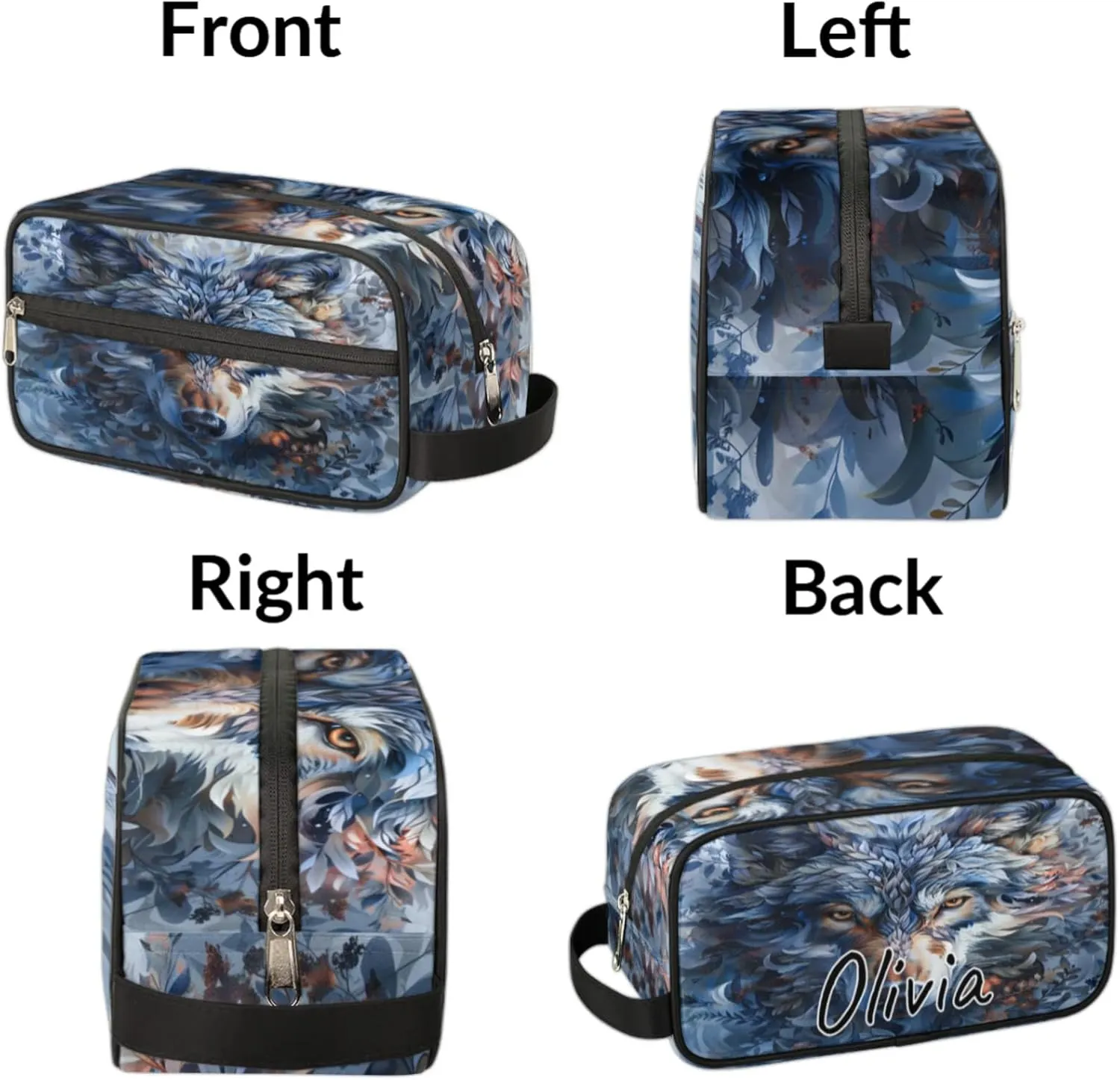 Custom Wolf Makeup Bag with Name Personalized Waterproof Toiletry Bag Customized Wildlife Animal Cosmetic Bag for Women Men