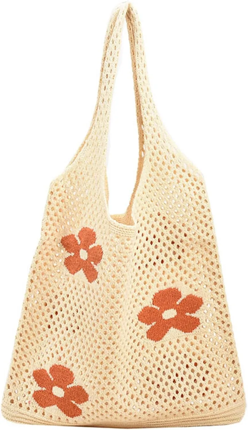 Cute Beach Bags Handcrafted Crochet Tote Bag Net Cotton Handbag for Vacation Knitted Shoulder Bag for Girls Hippie Purse hobo bags Womens Beach Bag, Ivory