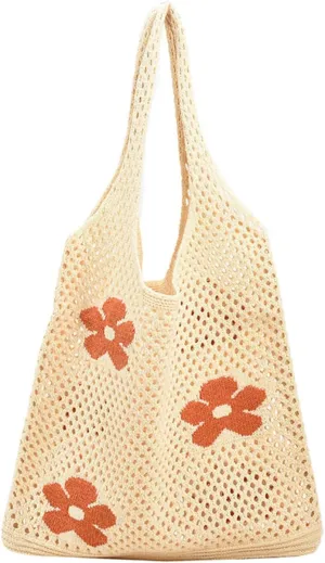 Cute Beach Bags Handcrafted Crochet Tote Bag Net Cotton Handbag for Vacation Knitted Shoulder Bag for Girls Hippie Purse hobo bags Womens Beach Bag, Ivory