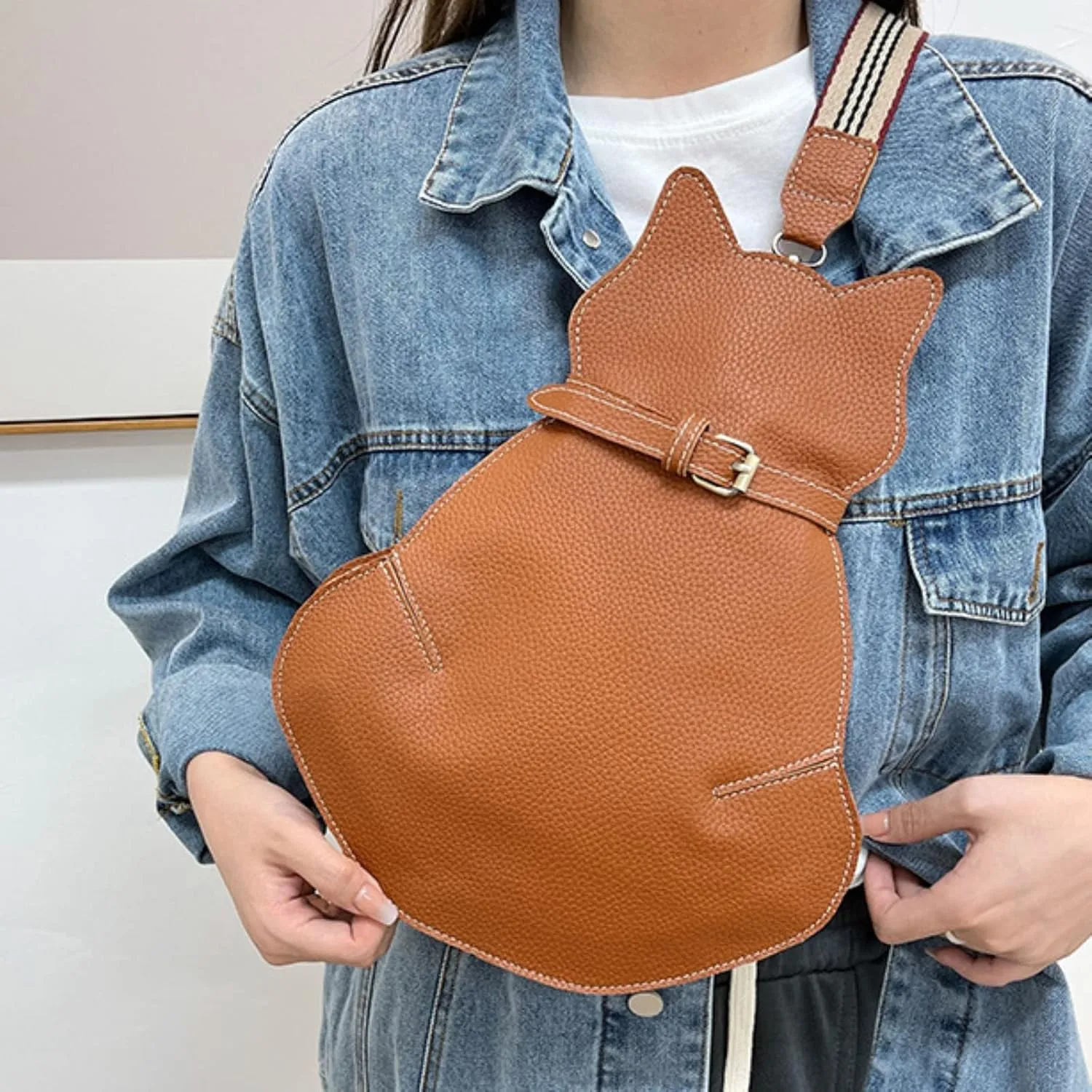 Cute Cat Bags New Personality One Shoulder Messenger Bags Fashion Chest Bag Geographic Messenger Bag (Brown, One Size)