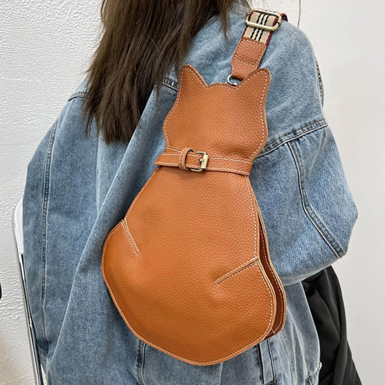 Cute Cat Bags New Personality One Shoulder Messenger Bags Fashion Chest Bag Geographic Messenger Bag (Brown, One Size)