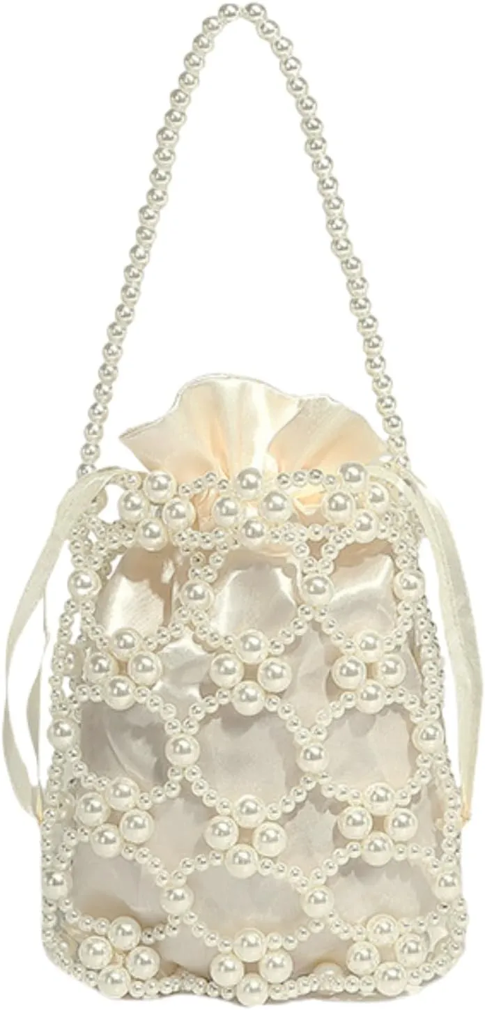 Cute Crossbody Bag Pearl Purse, Fashion Sling Handmade Pearl Beaded y2k Handbags Chic Ladies Hobo Beaded Shoulder Bag (Cream)