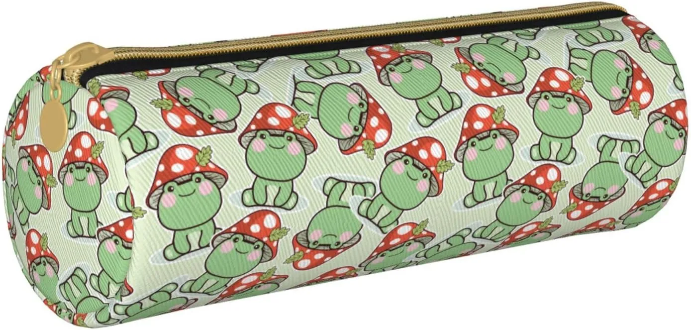 Cute Frog Red Mushroom Leather Pencil Case Zipper Pen Makeup Cosmetic Holder Pouch Stationery Bag For School, Work, Office