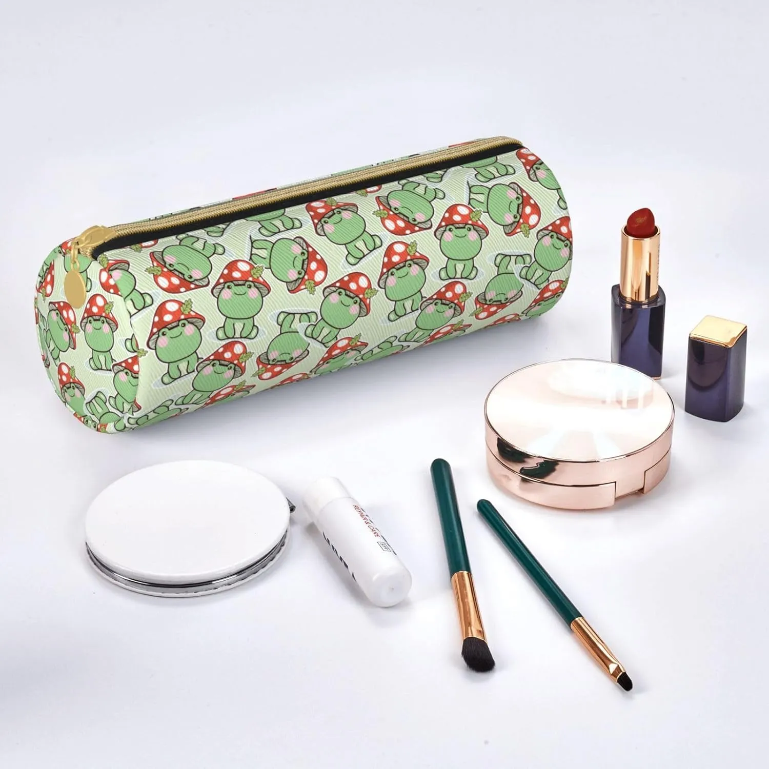 Cute Frog Red Mushroom Leather Pencil Case Zipper Pen Makeup Cosmetic Holder Pouch Stationery Bag For School, Work, Office
