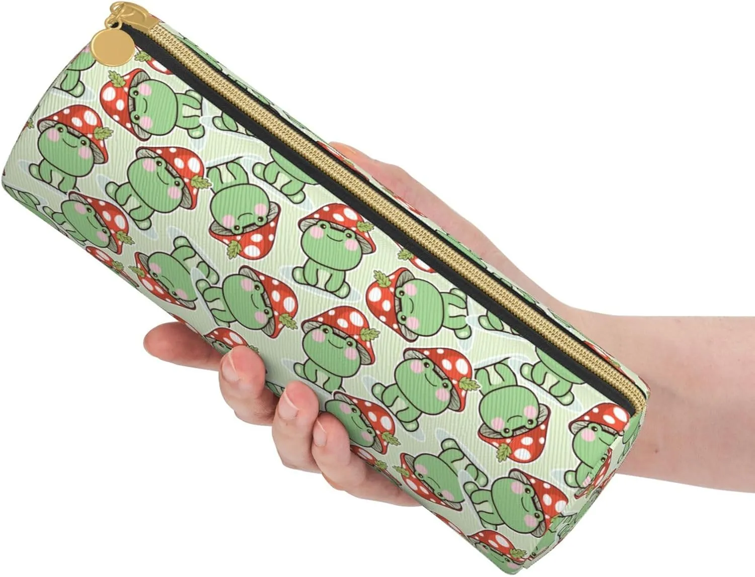 Cute Frog Red Mushroom Leather Pencil Case Zipper Pen Makeup Cosmetic Holder Pouch Stationery Bag For School, Work, Office