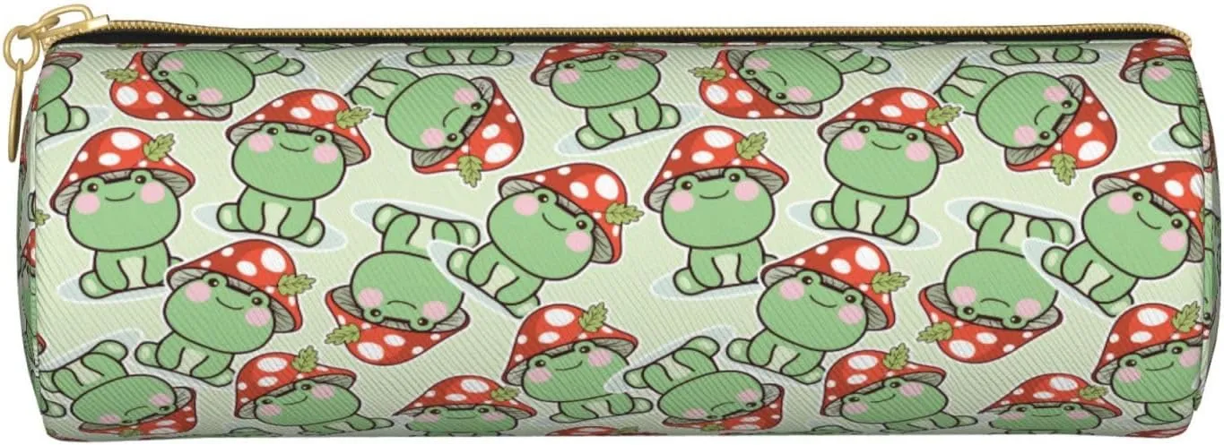 Cute Frog Red Mushroom Leather Pencil Case Zipper Pen Makeup Cosmetic Holder Pouch Stationery Bag For School, Work, Office
