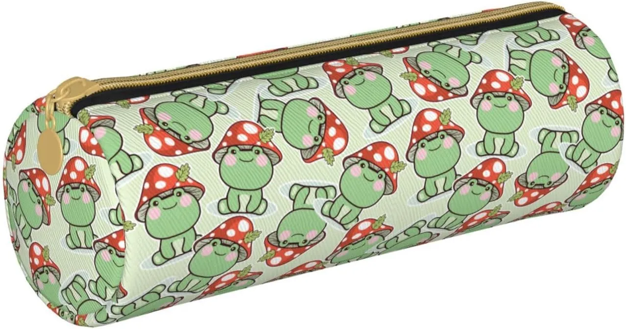 Cute Frog Red Mushroom Leather Pencil Case Zipper Pen Makeup Cosmetic Holder Pouch Stationery Bag For School, Work, Office