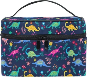Cute Makeup Bag, Dinosaurs Flowers Makeup Organizer Bags Toiletry Bag Box Travel Cosmetic Bag Make Up Train Case for Women Teen Girl Ladies