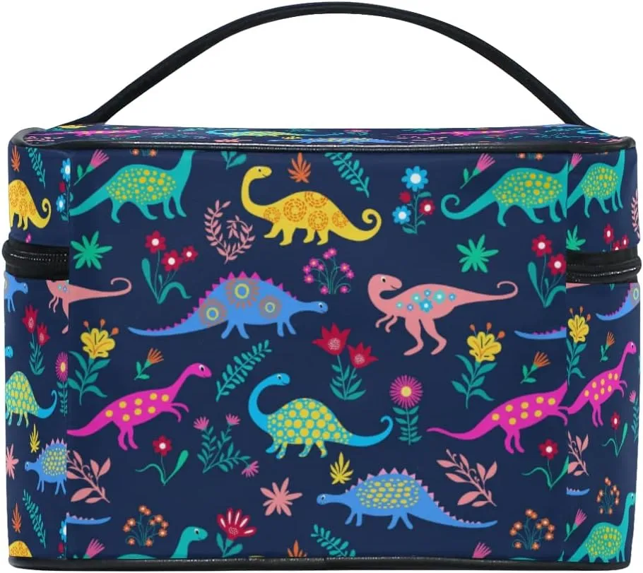Cute Makeup Bag, Dinosaurs Flowers Makeup Organizer Bags Toiletry Bag Box Travel Cosmetic Bag Make Up Train Case for Women Teen Girl Ladies
