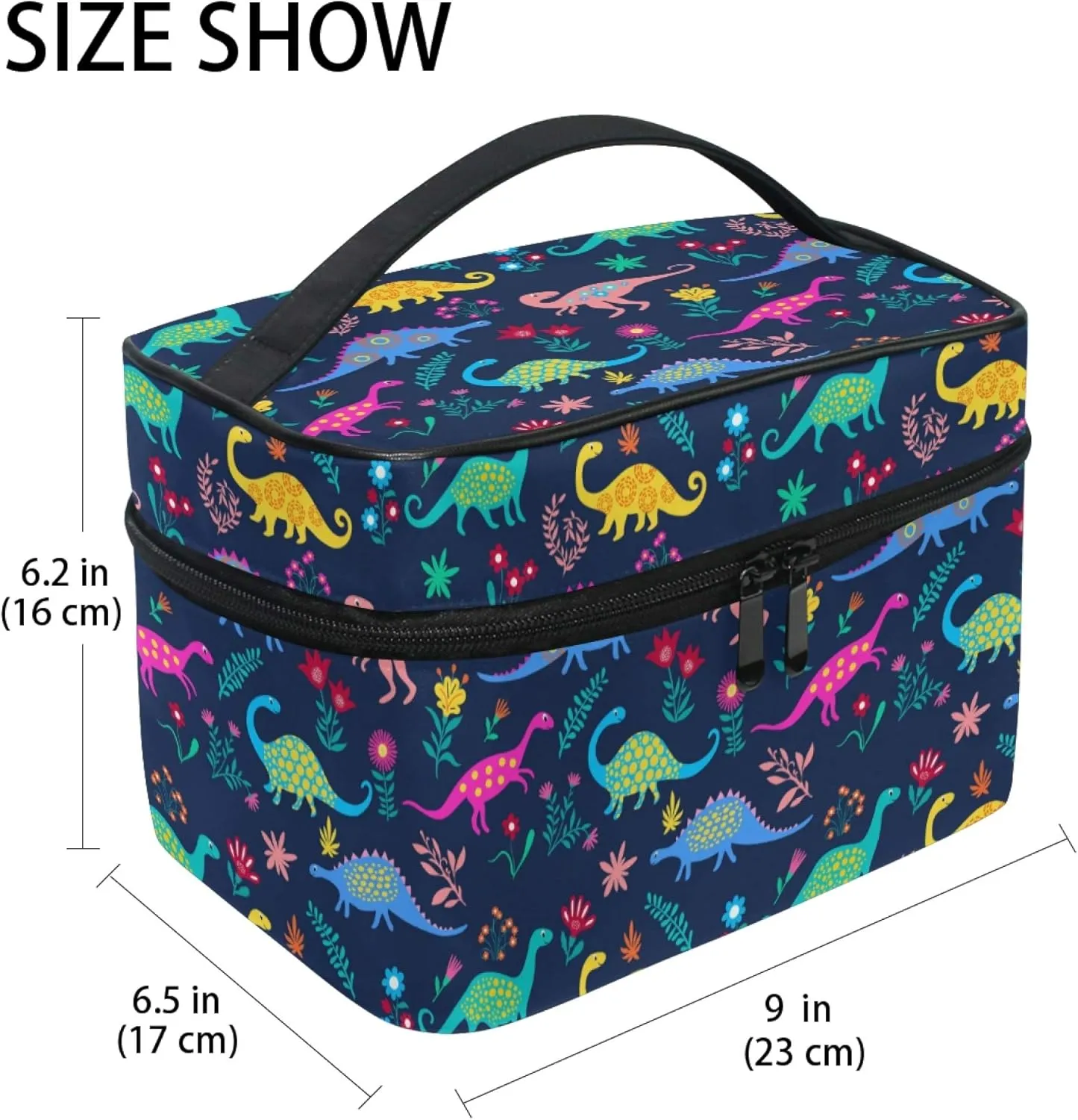 Cute Makeup Bag, Dinosaurs Flowers Makeup Organizer Bags Toiletry Bag Box Travel Cosmetic Bag Make Up Train Case for Women Teen Girl Ladies