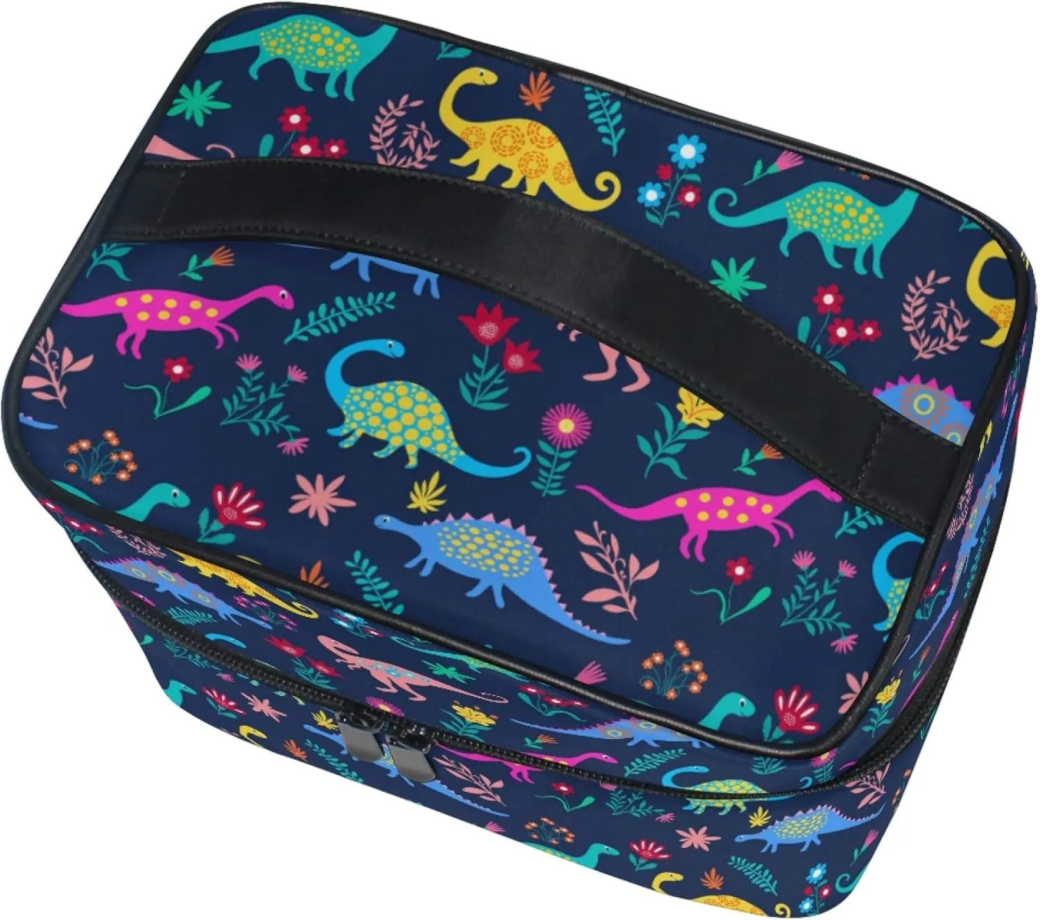 Cute Makeup Bag, Dinosaurs Flowers Makeup Organizer Bags Toiletry Bag Box Travel Cosmetic Bag Make Up Train Case for Women Teen Girl Ladies