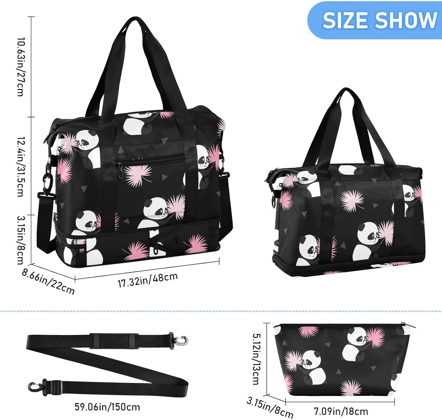 Cute Panda Bears Travel Duffel Bag for Women Men Gym Bag with Shoe Compartment Wet Pocket Carry On Weekender Overnight Bags for Hospital Gym Travel