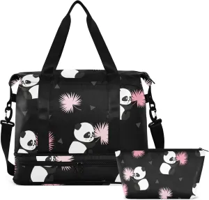 Cute Panda Bears Travel Duffel Bag for Women Men Gym Bag with Shoe Compartment Wet Pocket Carry On Weekender Overnight Bags for Hospital Gym Travel
