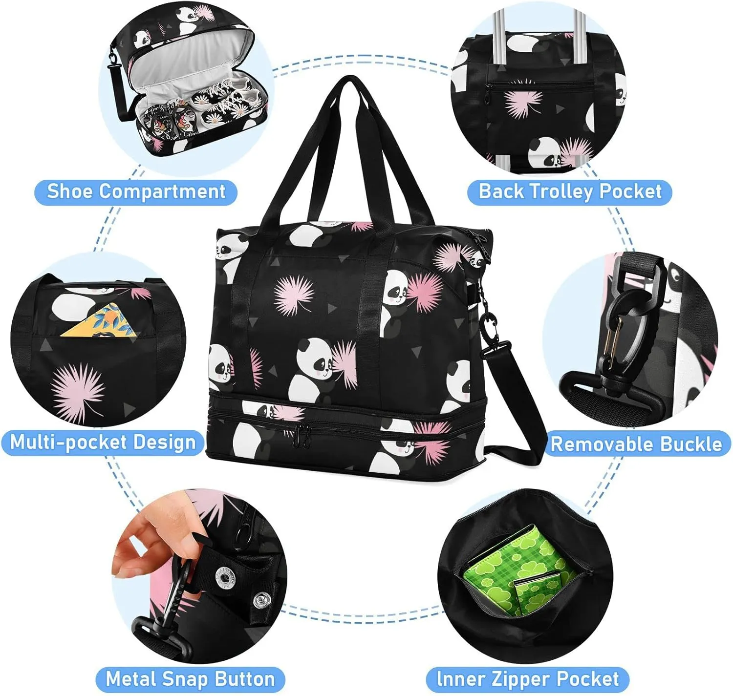 Cute Panda Bears Travel Duffel Bag for Women Men Gym Bag with Shoe Compartment Wet Pocket Carry On Weekender Overnight Bags for Hospital Gym Travel