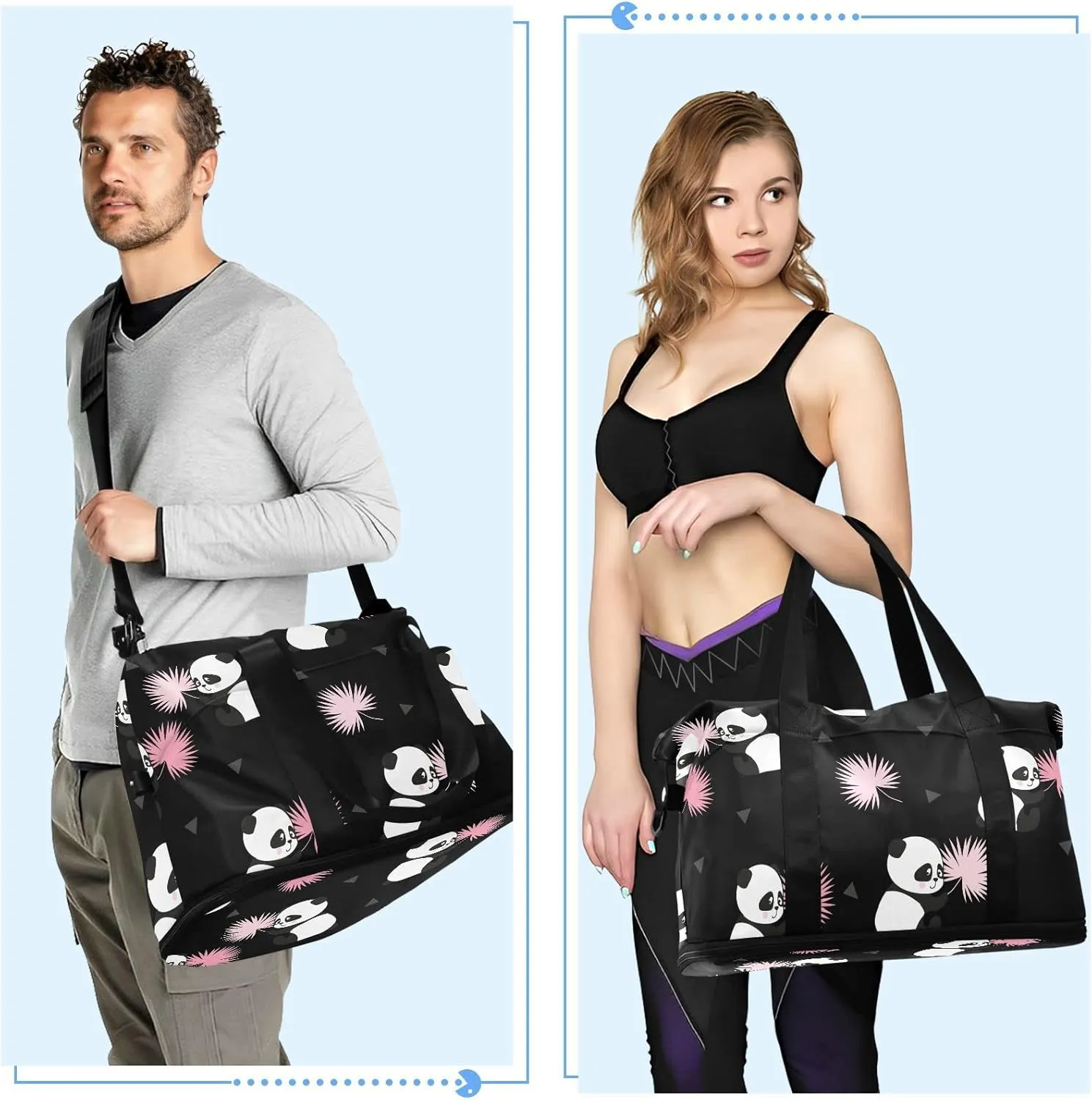 Cute Panda Bears Travel Duffel Bag for Women Men Gym Bag with Shoe Compartment Wet Pocket Carry On Weekender Overnight Bags for Hospital Gym Travel
