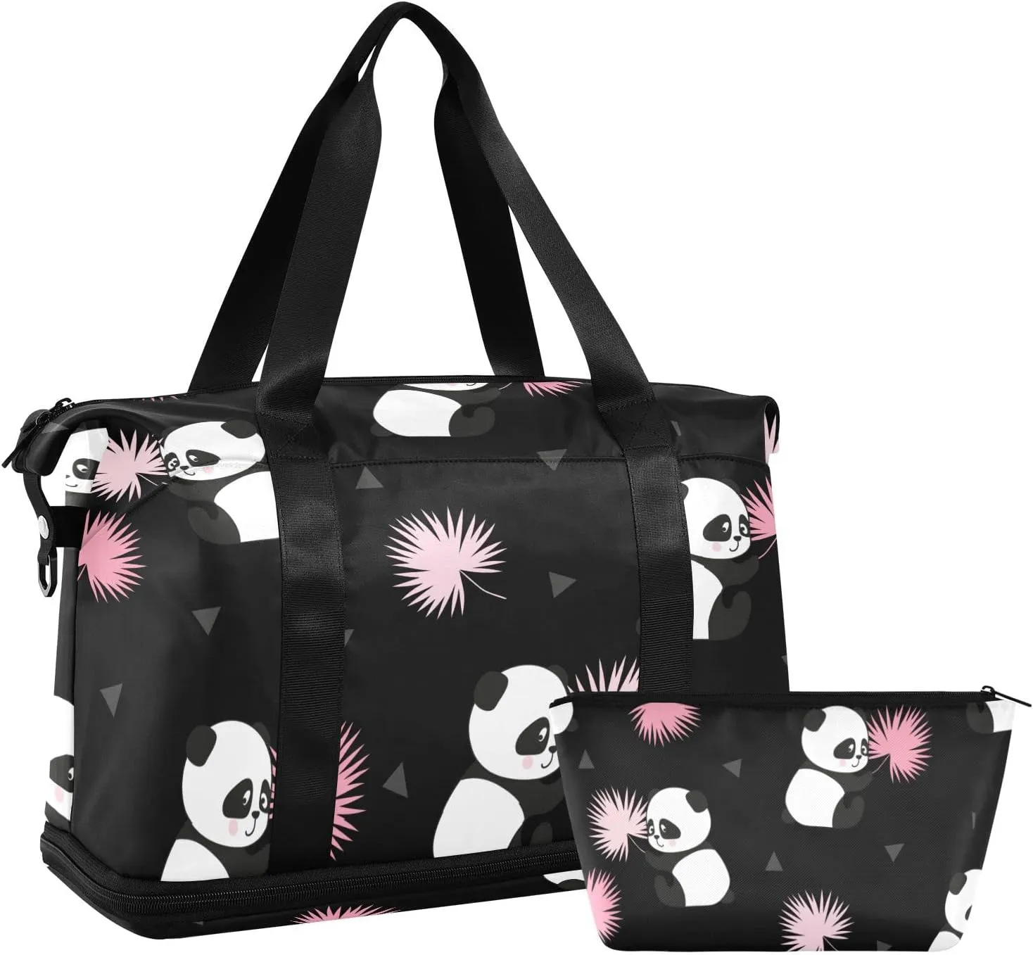 Cute Panda Bears Travel Duffel Bag for Women Men Gym Bag with Shoe Compartment Wet Pocket Carry On Weekender Overnight Bags for Hospital Gym Travel
