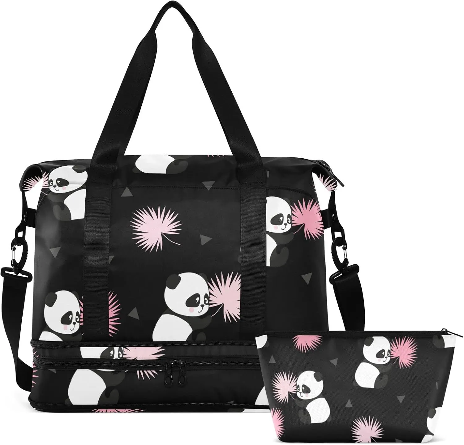 Cute Panda Bears Travel Duffel Bag for Women Men Gym Bag with Shoe Compartment Wet Pocket Carry On Weekender Overnight Bags for Hospital Gym Travel