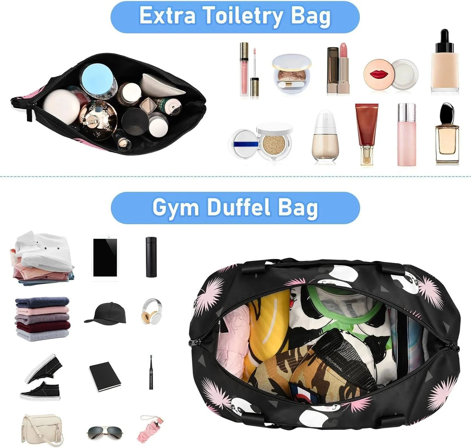Cute Panda Bears Travel Duffel Bag for Women Men Gym Bag with Shoe Compartment Wet Pocket Carry On Weekender Overnight Bags for Hospital Gym Travel
