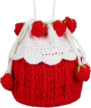 Cute Strawberry Purse Fruit Crossbody Crochet Bags Knitted Handbag with Drawstring Strawberry Crochet Bag Small Shoulder Bag Wallet for Women