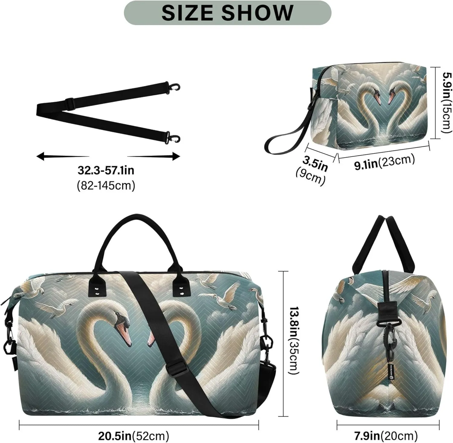 Cute Swans Love Valentines Duffle Travel Bag Toiletry Bag Set of 2, Print Women Luggage Set of 2 Carry on Bag