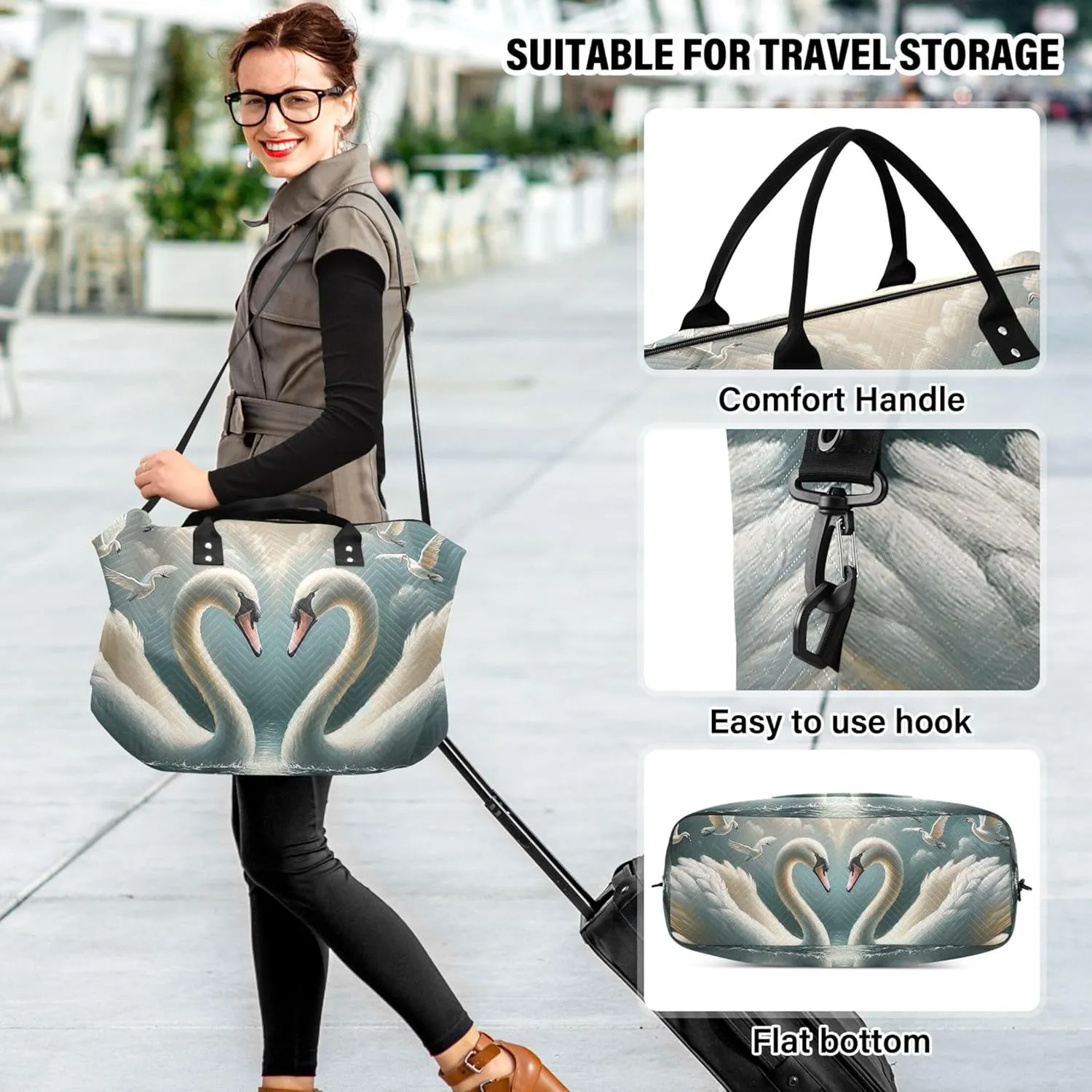 Cute Swans Love Valentines Duffle Travel Bag Toiletry Bag Set of 2, Print Women Luggage Set of 2 Carry on Bag