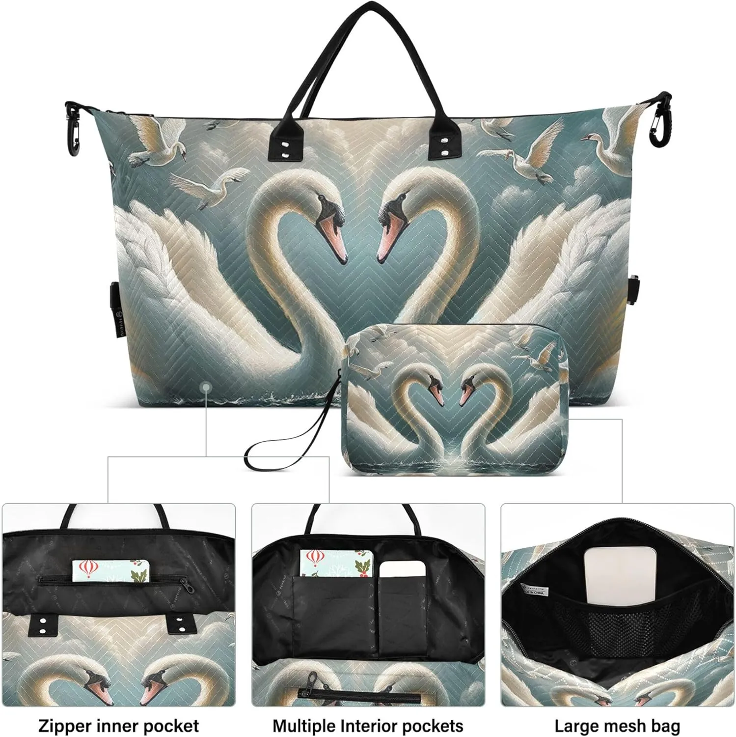 Cute Swans Love Valentines Duffle Travel Bag Toiletry Bag Set of 2, Print Women Luggage Set of 2 Carry on Bag