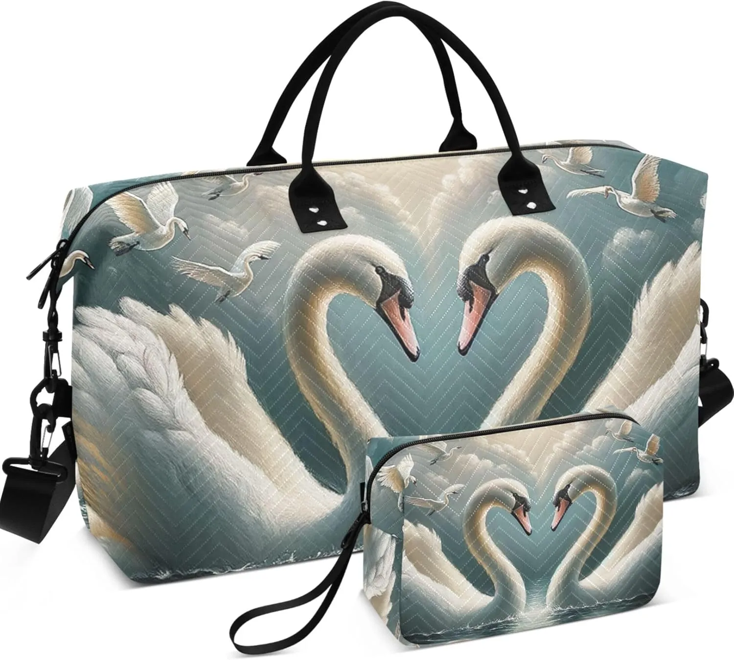 Cute Swans Love Valentines Duffle Travel Bag Toiletry Bag Set of 2, Print Women Luggage Set of 2 Carry on Bag