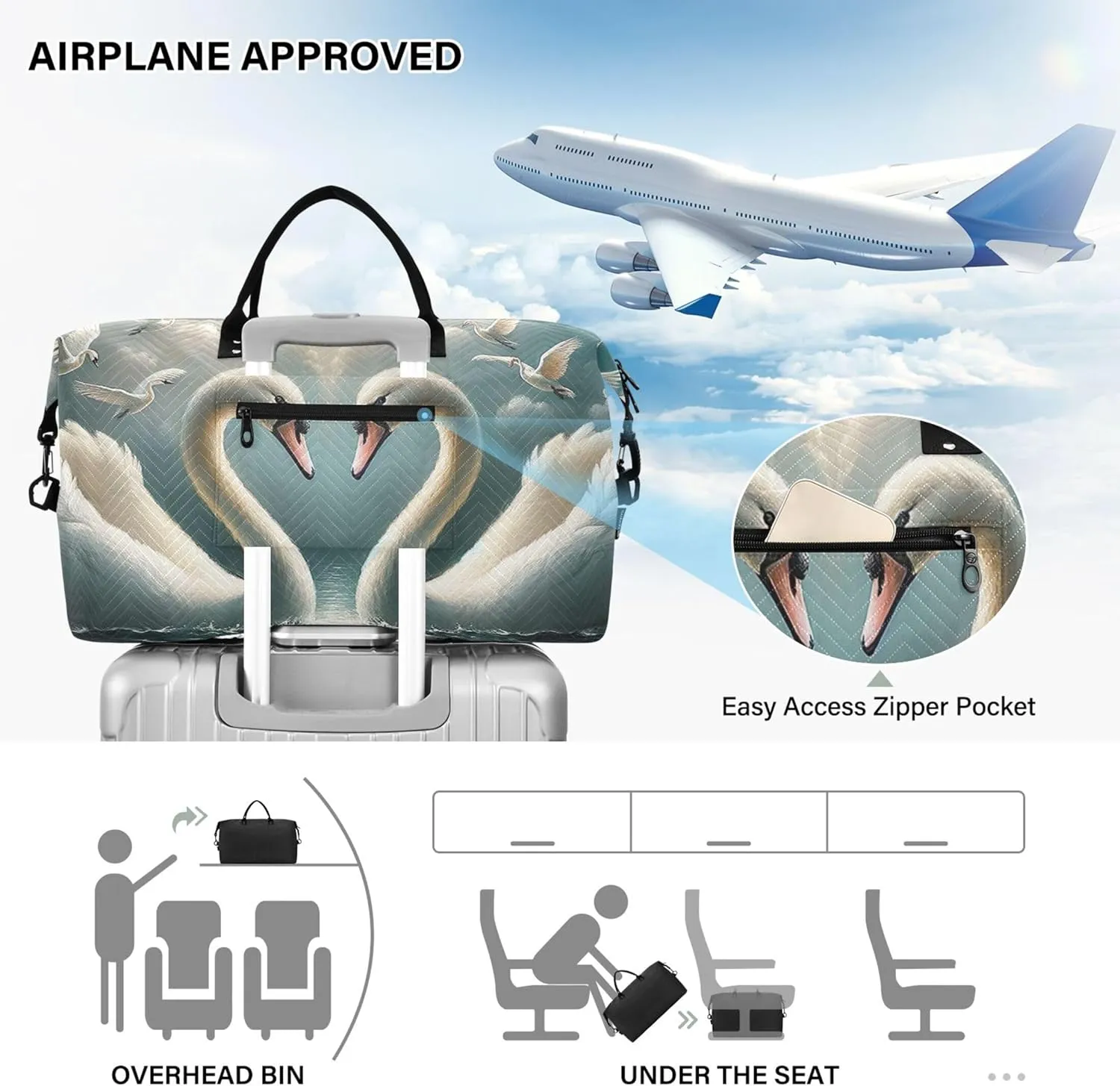 Cute Swans Love Valentines Duffle Travel Bag Toiletry Bag Set of 2, Print Women Luggage Set of 2 Carry on Bag