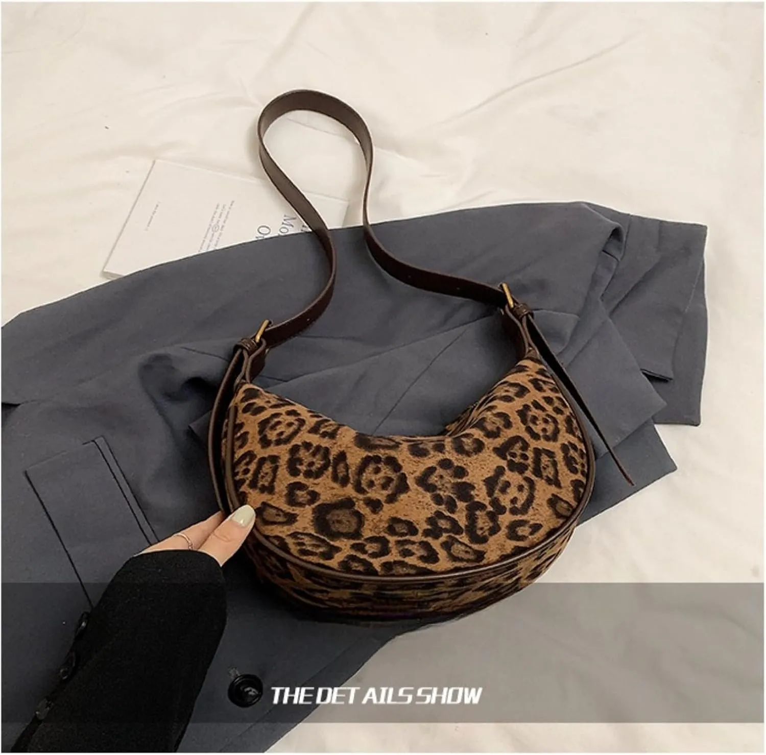CUTEGAL Suede Bags for Women Leopard Bag Shoulder Bag Slouchy Bag Brown Suede Handbag Crescent Bag Leopard Tote Bag