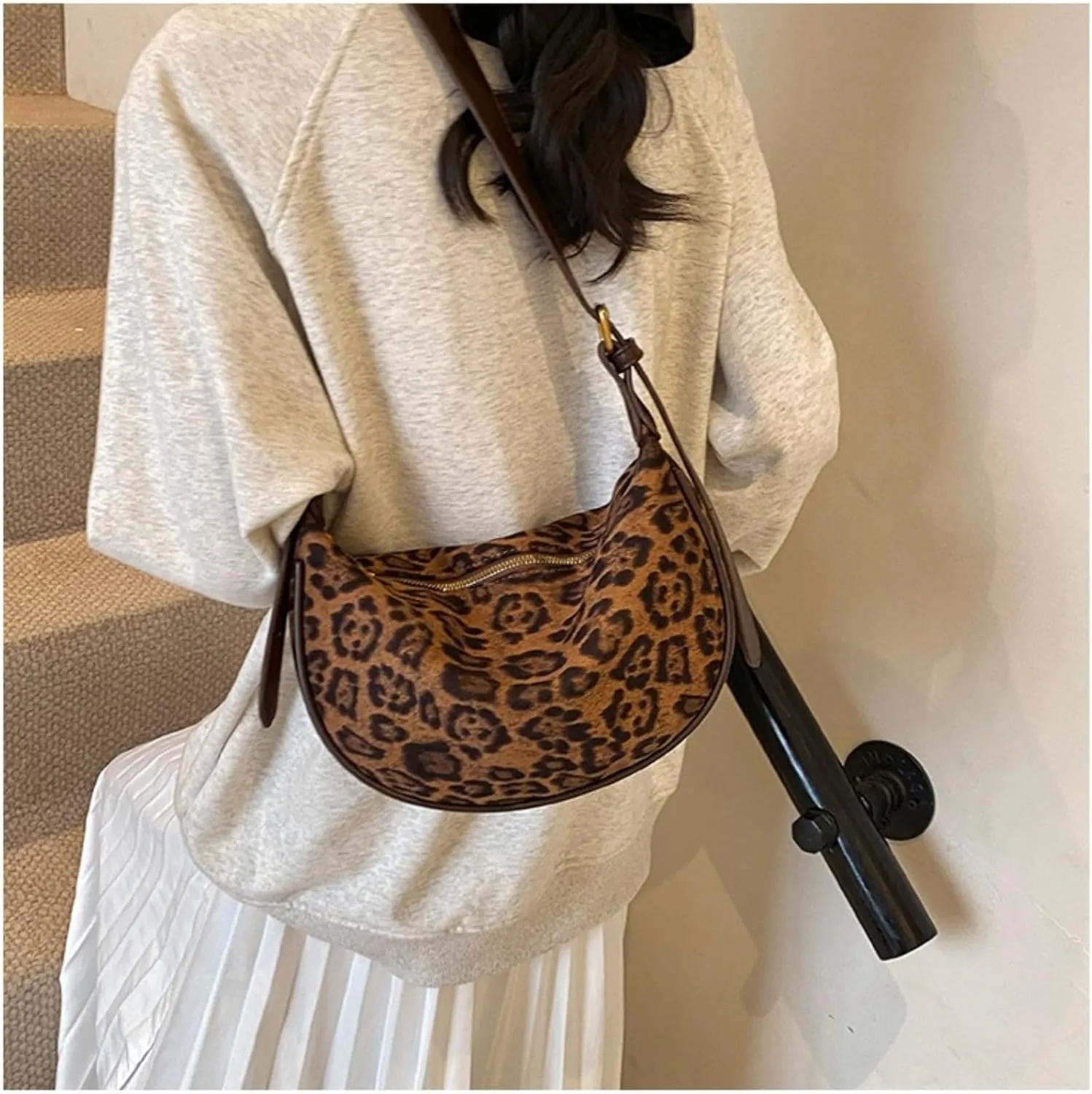 CUTEGAL Suede Bags for Women Leopard Bag Shoulder Bag Slouchy Bag Brown Suede Handbag Crescent Bag Leopard Tote Bag